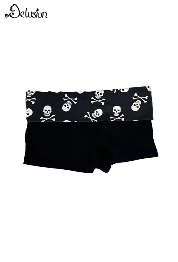 1/3 Delusion Gothic Black Skull Print Shorts Low-Rise Slim-Fit Shorts